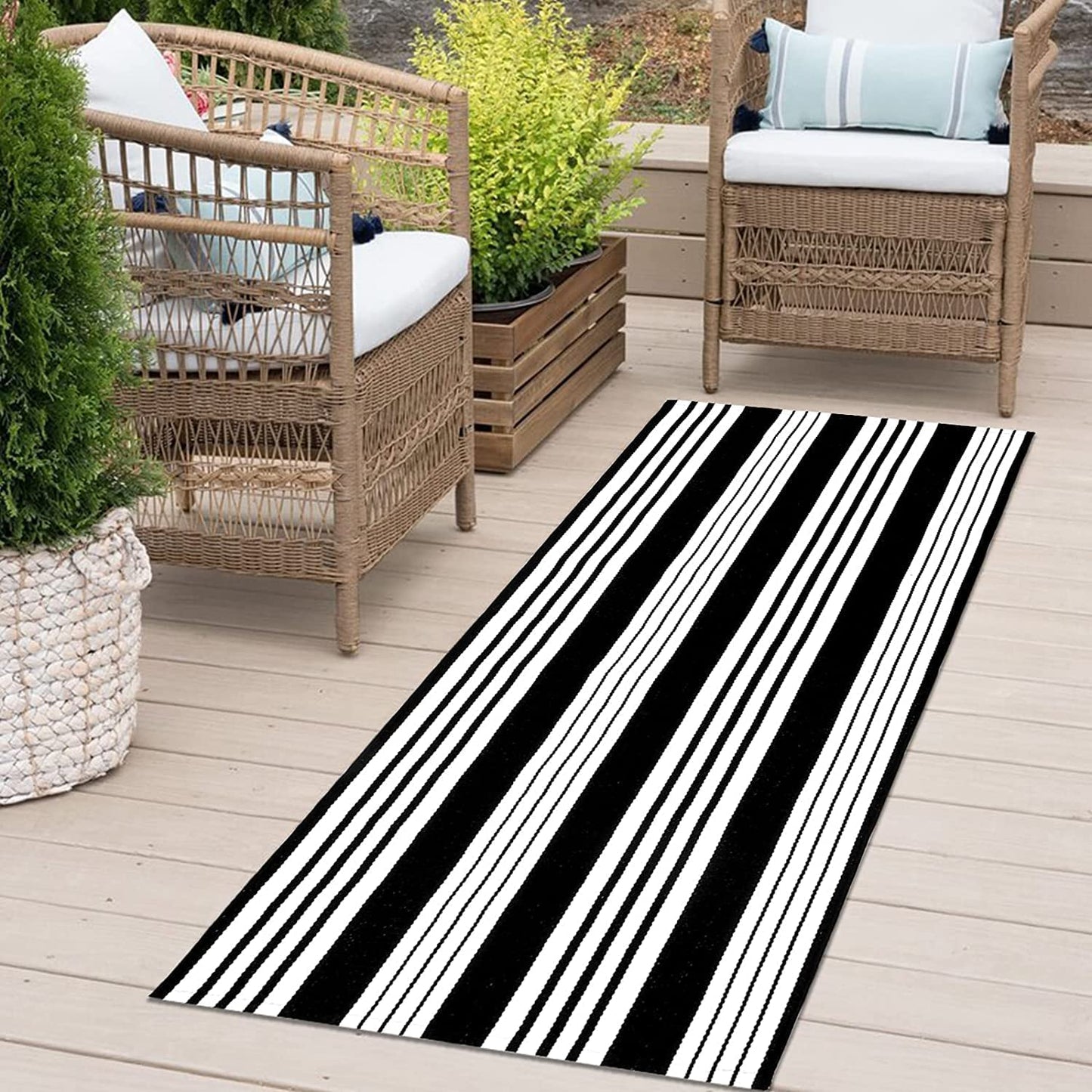 Hallway Runner Rug 2'X6', Black/White Rug Machine Washable Striped Kitchen Rug Runner Cotton Woven Indoor/Outdoor Rugs Laundry Room Rug Entryway Rug for Farmhouse/Bedroom/Bathroom