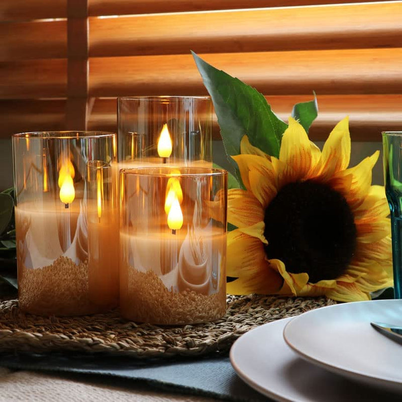 Gold Glass Battery Operated Candles with Remote, Flameless LED Candle Gift Set, Warm White Light, Batteries Included - Set of 3