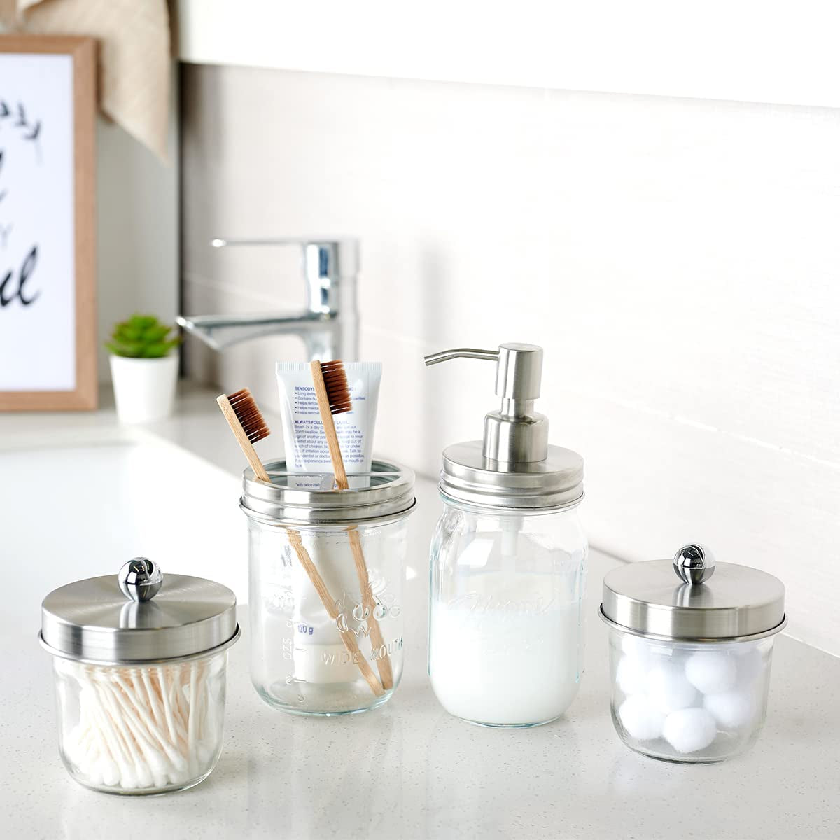 Amolliar Mason Jar Bathroom Accessories Set(4 Pack) - Lotion Soap Dispenser&Qtip Holder Set&Toothbrush Holder-Rustic Farmhouse Decor Apothecary Jar Bathroom Countertop,Vanity Organize (Brushed Nickel)