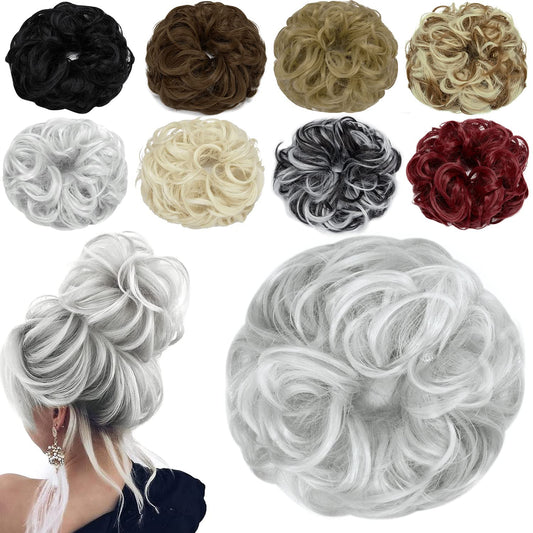 Messy Hair Bun Hair Scrunchies Extension Curly Wavy Messy Synthetic Chignon for Women Updo Hairpiece 1PCS Silver