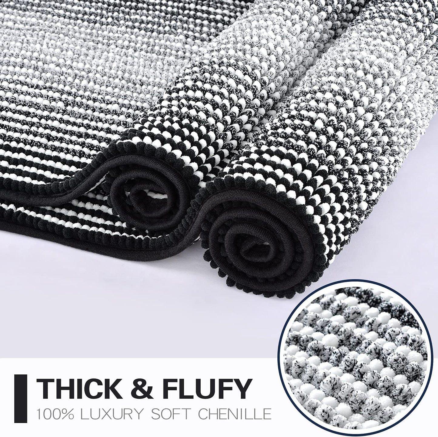 Bathroom Rugs and Mats Sets, 2 Piece Thick Absorbent Chenille Bath Mat Rug Set Non Slip, Soft Shaggy Bath Room Floor Mats for Bathroom, Machine Washable (20" X 47" plus 16" X 24", Black)
