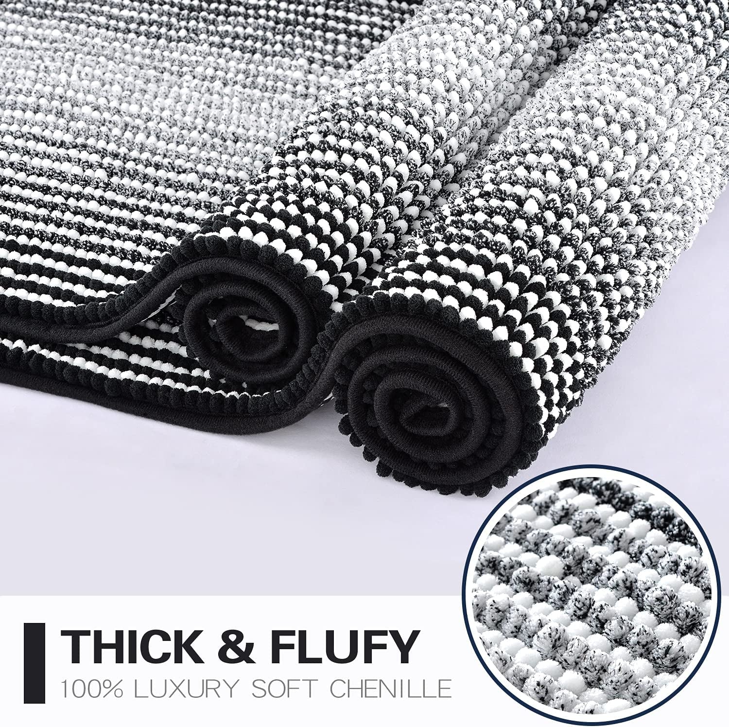 Bathroom Rugs and Mats Sets, 2 Piece Thick Absorbent Chenille Bath Mat Rug Set Non Slip, Soft Shaggy Bath Room Floor Mats for Bathroom, Machine Washable (20" X 47" plus 16" X 24", Black)