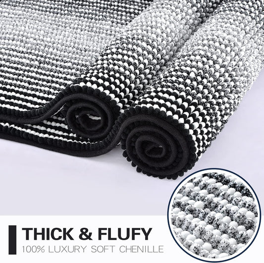 Bathroom Rugs and Mats Sets, 2 Piece Thick Absorbent Chenille Bath Mat Rug Set Non Slip, Soft Shaggy Bath Room Floor Mats for Bathroom, Machine Washable (20" X 47" plus 16" X 24", Black)