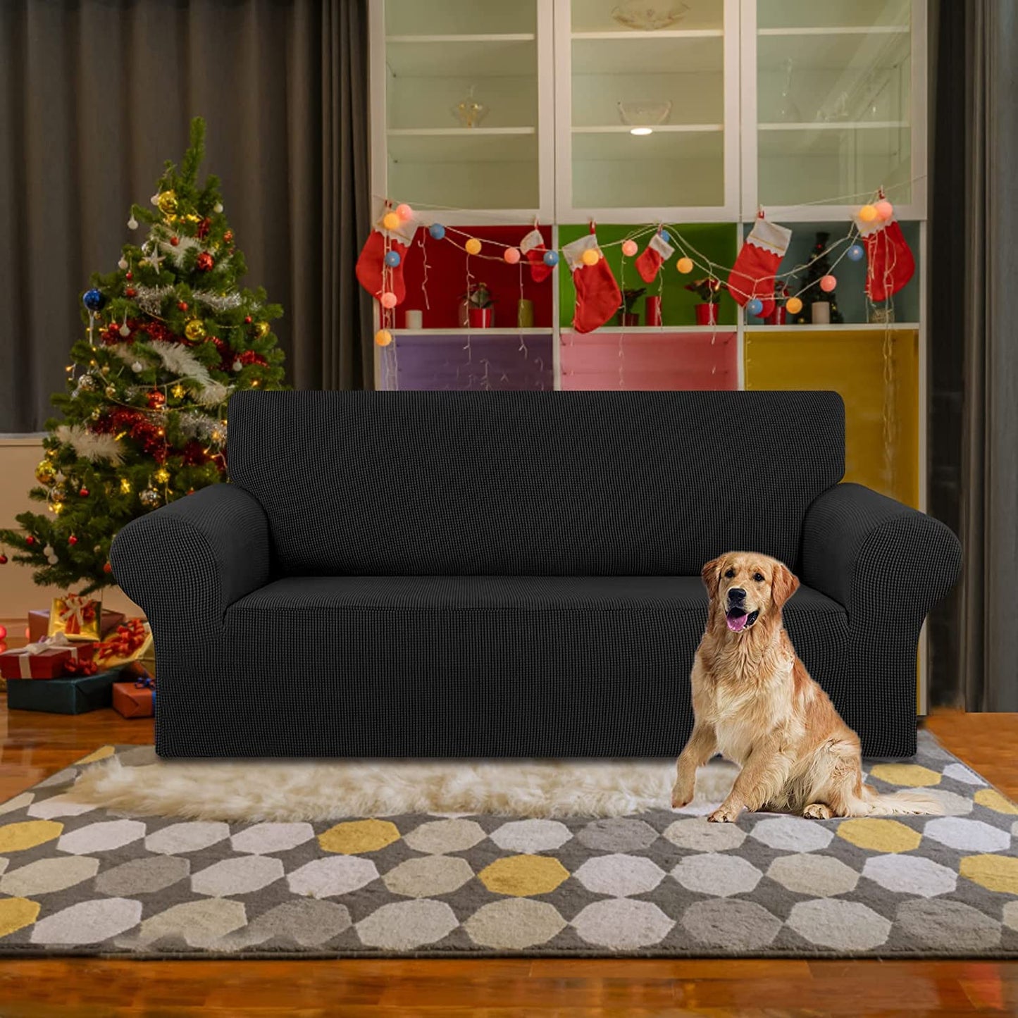 Stretch Loveseat Sofa Cover Slipcover ,Couch Covers for 2 Cushion Couch Sofa (55"-79") Furniture Protector Sofa with Elastic Bottom for Kids,Dog. Jacquard Small Checked (Medium,Black)