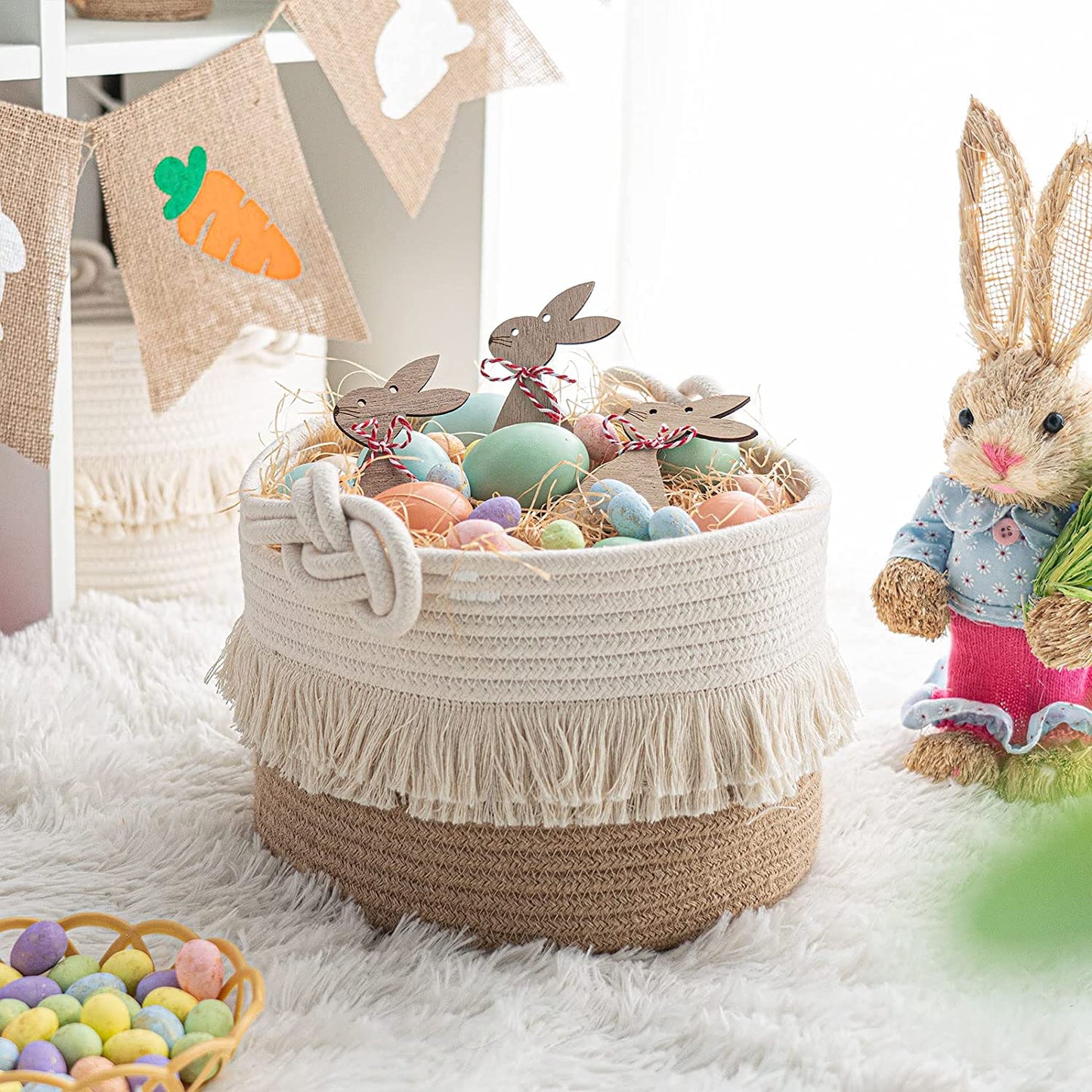 Small Woven Storage Baskets Cotton and Jute Rope Decorative Hamper for Diaper, Blankets, Magazine and Keys, Cute Tassel Nursery Decor - Home Storage Container – 9.5'' X 7''