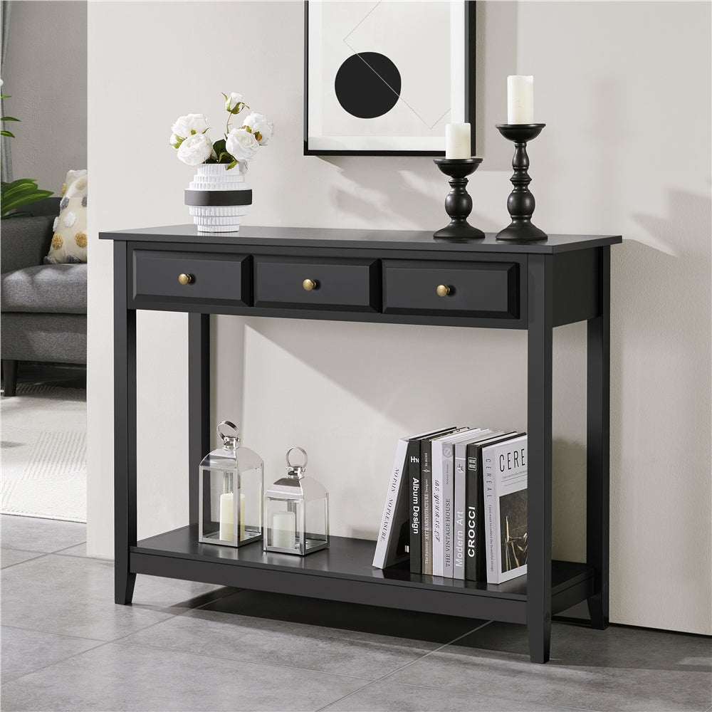 3-Drawer Wooden Console Table Entryway Table with Storage Shelf Pine Wood Legs, Black