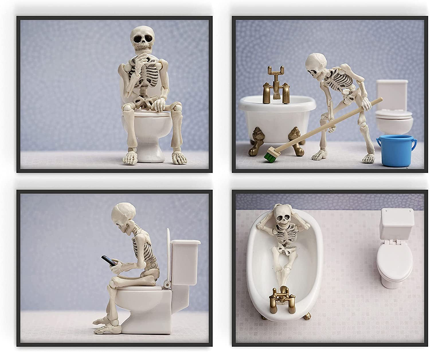 Skeleton Bathroom Prints - Skeleton Wall Art , Skeleton Bathroom Decor - Funny Bathroom Art, Funny Bathroom Decor Wall Art, Bathroom Halloween Decor, Hipster Gifts - Set of 4 (8X10) Unframed