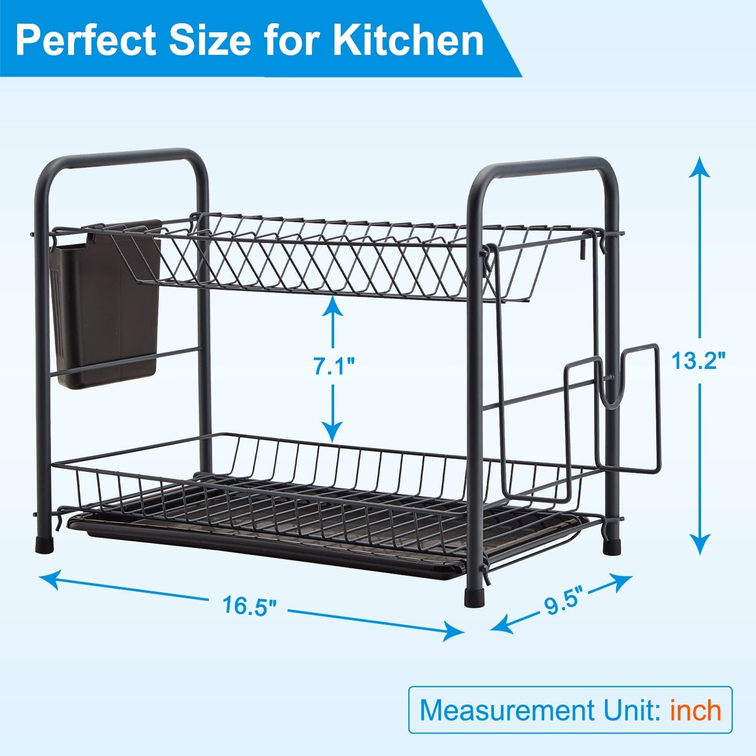 Dish Rack, 2 Tier Dish Drying Rack Kitchen Organizer with Drain Board, Utensil Holder, Cutting Board Holder, Gray