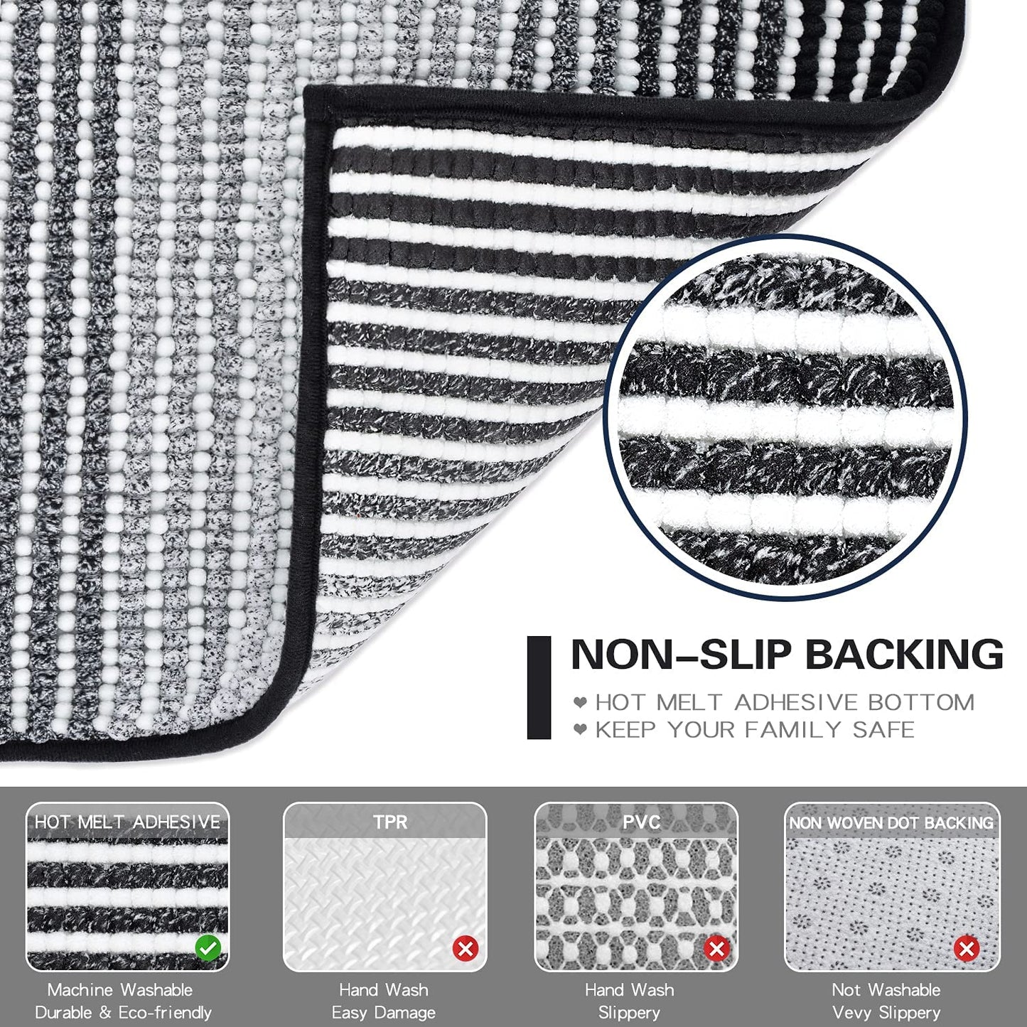 Bathroom Rugs and Mats Sets, 2 Piece Thick Absorbent Chenille Bath Mat Rug Set Non Slip, Soft Shaggy Bath Room Floor Mats for Bathroom, Machine Washable (20" X 47" plus 16" X 24", Black)