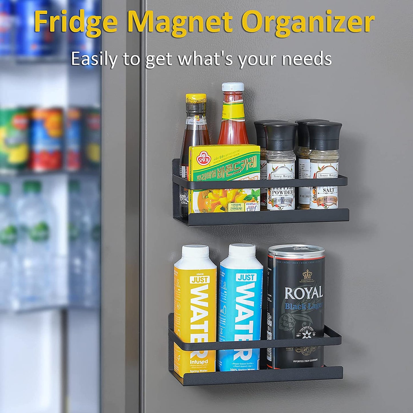 Fridge Magnet Organizer Magnetic Spice Rack with Four Removable Hook Refrigerator Shelf Rack Black (2 Pack)