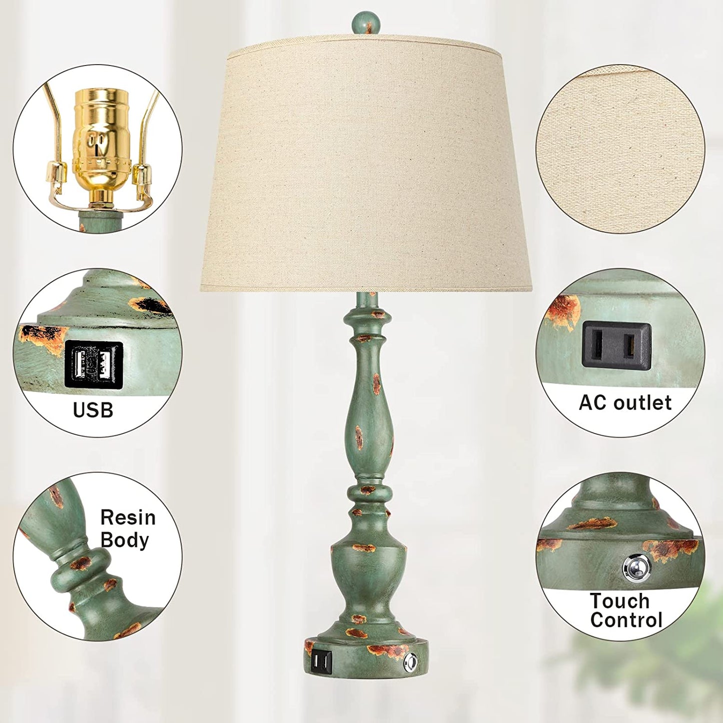 Farmhouse Lamp for Living Room Set of 2 Rustic Table Lamps 3 Way Dimmable Bedside Nightstand Lamp for Bedroom with 2 USB Port and One Outlet,Bulb Included