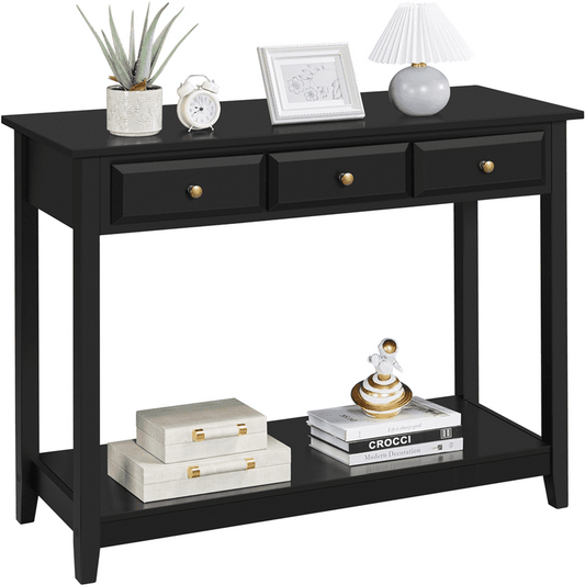 Topeakmart 3-Drawer Wooden Console Table Entryway Table with Storage Shelf Pine Wood Legs, Black