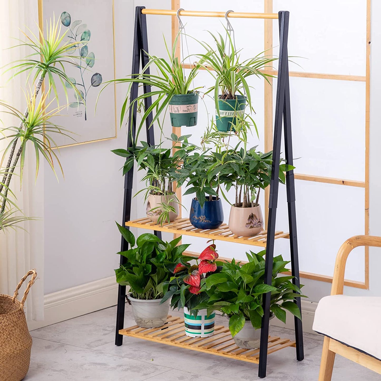 Bamboo 2-Tier Hanging Plant Stand Planter Shelves Flower Pot Organizer Rack Multiple Flower Pot Display Holder Shelf Indoor Outdoor Heavy Duty Planter Shelving Unit