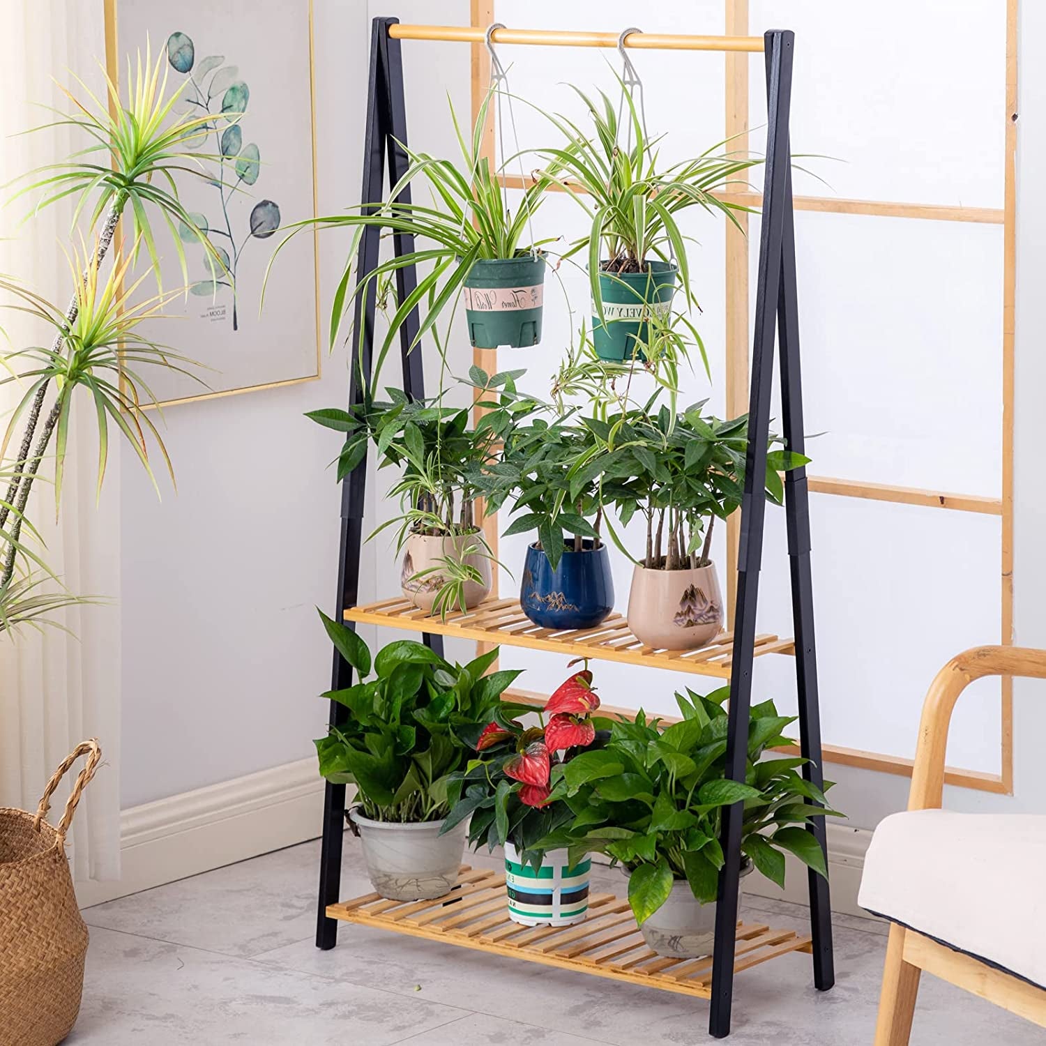 Bamboo 2-Tier Hanging Plant Stand Planter Shelves Flower Pot Organizer Rack Multiple Flower Pot Display Holder Shelf Indoor Outdoor Heavy Duty Planter Shelving Unit