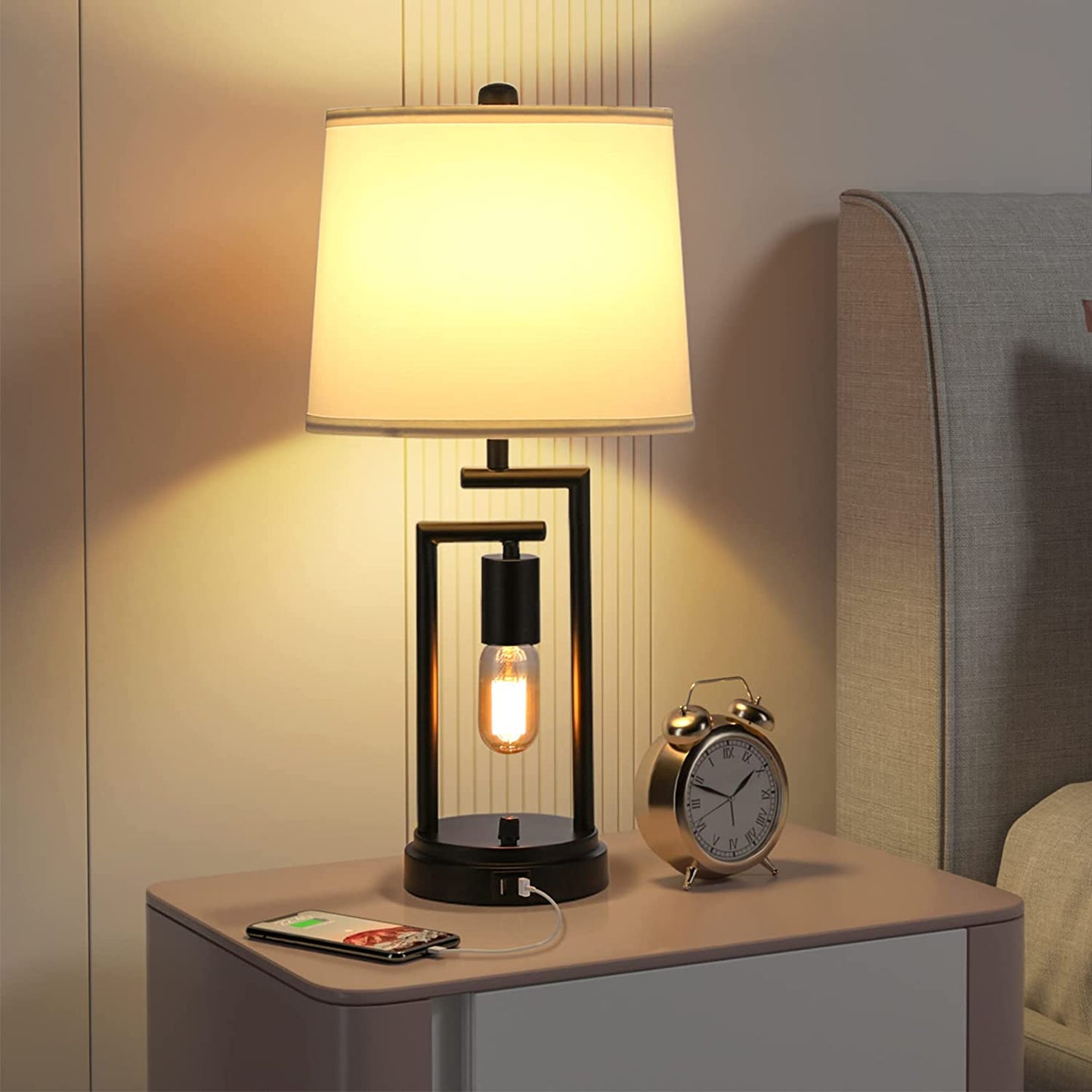 Table Lamps for Bedroom Set of 2,  3-Way Brightness Bedside Lamps with Dual USB Charging Ports, 22.6'' White Fabric Shade Farmhouse Nightstand Lamps for Bedroom, Living Room (LED Bulbs Included)