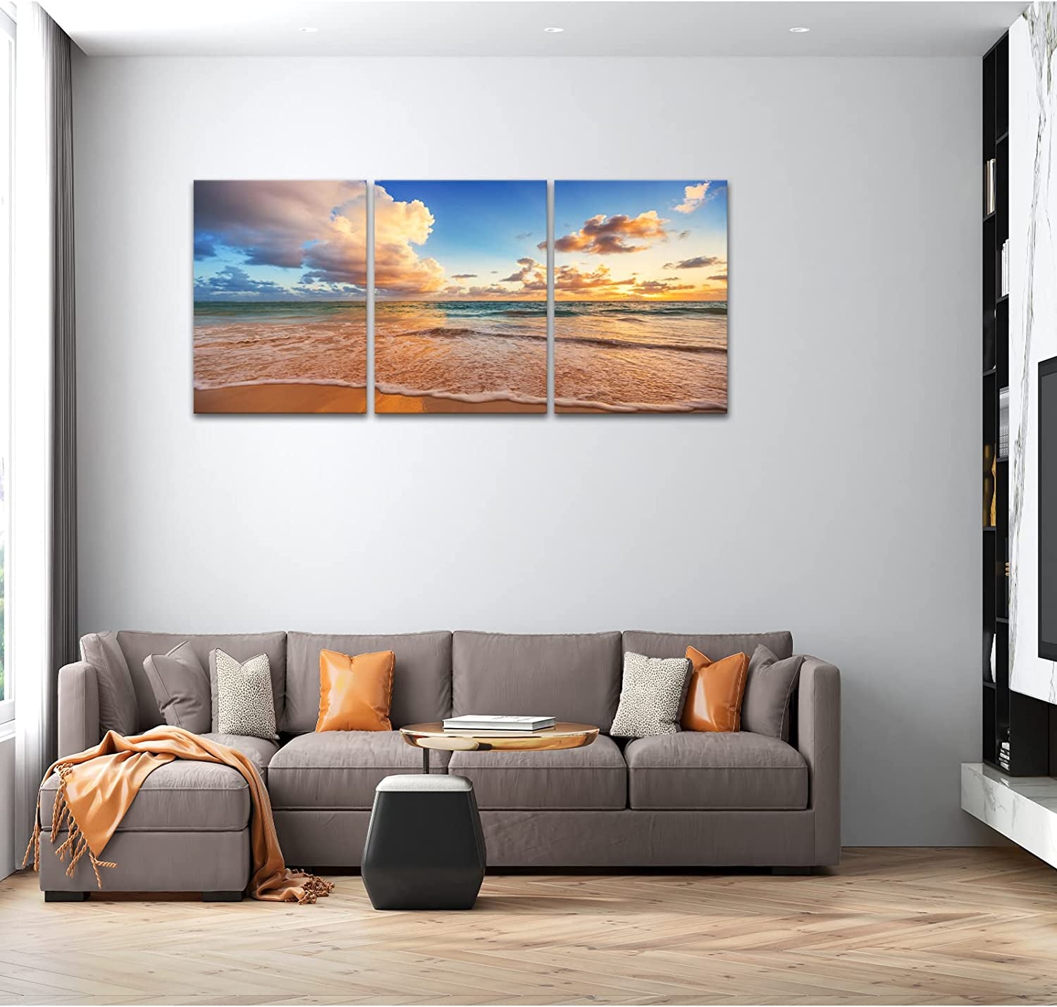 Sunrise Beach Canvas Wall Art, Baiyun Ocean Landscape Poster Framed, Canvas Painting Printing Picture for Home Bedroom Bathroom,12" X 16" X 3 PCS