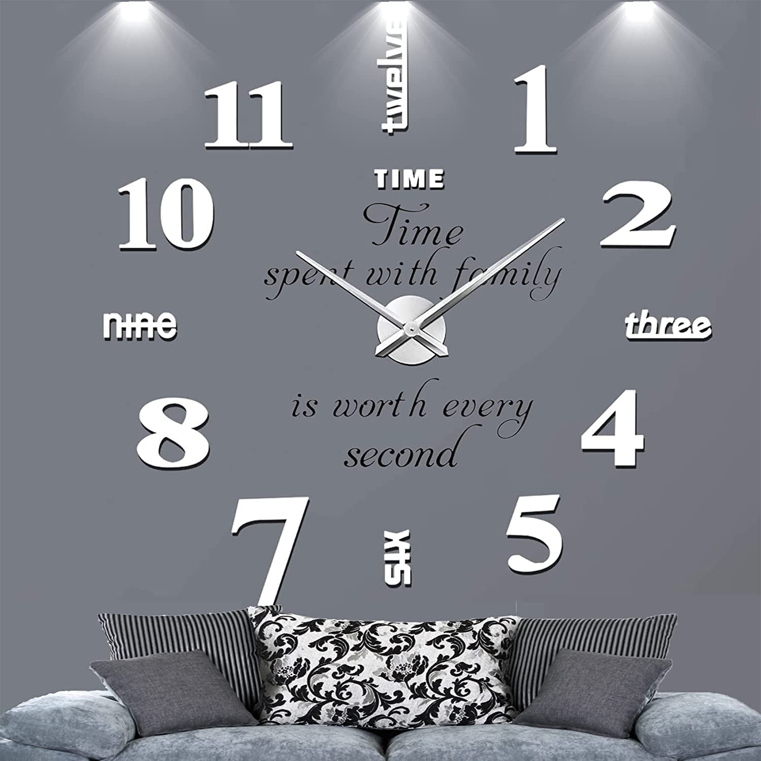 DIY Wall Clock,3D Frameless Wall Clock,Large Modern Design Decor Sticker DIY Wall Clock Kit for Bedroom Living Room Home Decorations,Adjustable Size and Easy to Assemble (Silver)