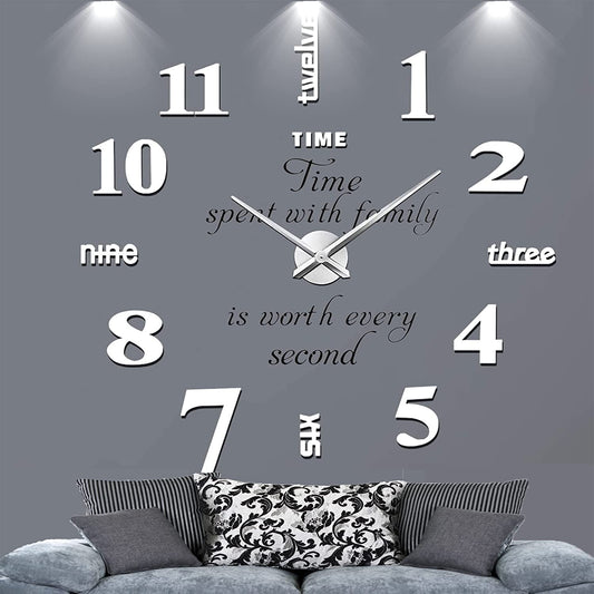 DIY Wall Clock,3D Frameless Wall Clock,Large Modern Design Decor Sticker DIY Wall Clock Kit for Bedroom Living Room Home Decorations,Adjustable Size and Easy to Assemble (Silver)