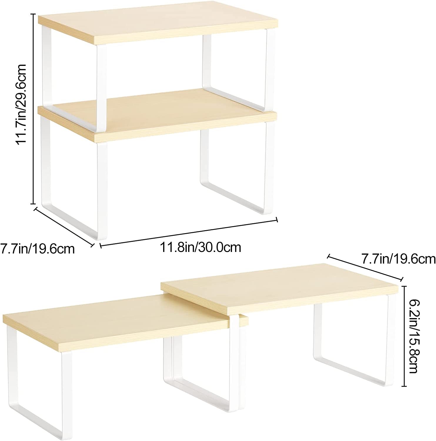 Set of 2 Cabinet Kitchen Shelves Stackable Countertop Shelf and Expandable Wood Cabinet Organizer Shelves for Bathroom Study Room, White