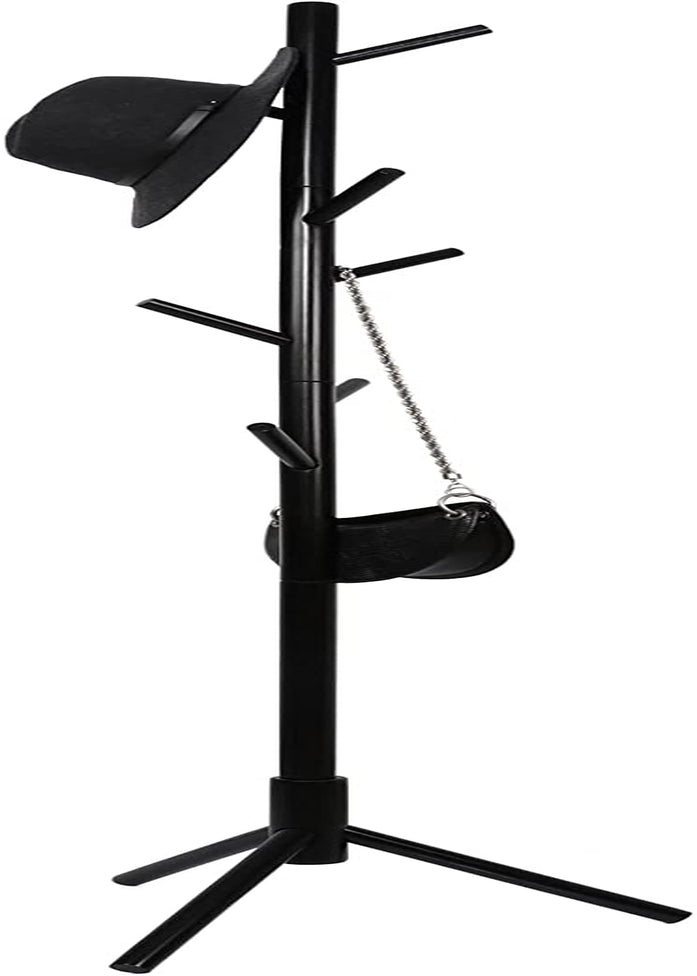 Wooden Tree Coat Rack Stand, 3 Adjustable Sizes, 8 Hooks - Super Easy Assembly NO Tools Required - Free Standing Solid Coat Hanger Stand for Clothes, Suits, Accessories (Black)