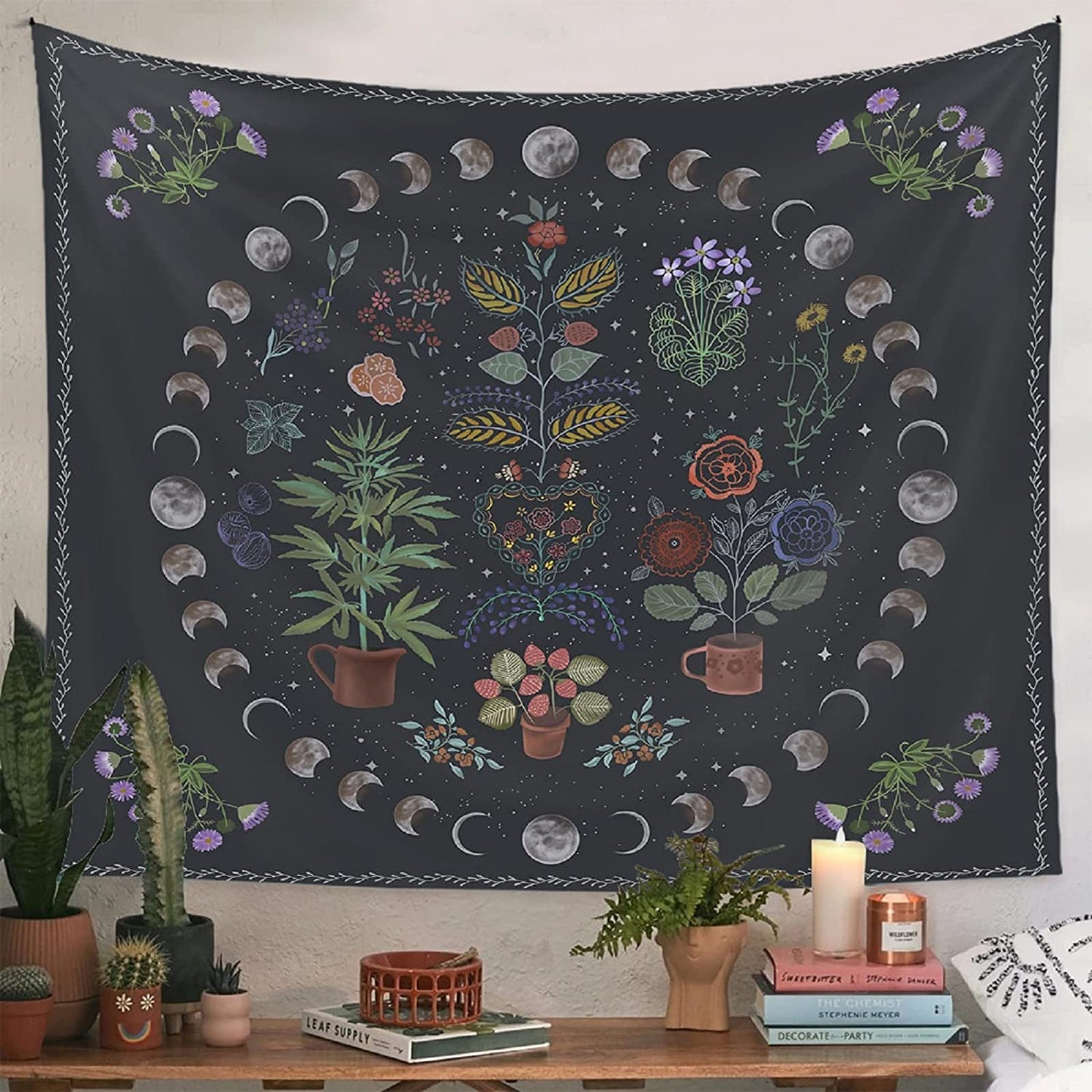 Plant Tapestry, Nature Moon Phase Tapestry Wall Hanging, Bohemian Mandala Tapestry Aesthetic Bedroom Decor, Botanical Tapestries Suitable for Bedroom Home Dorm---50" X 60"