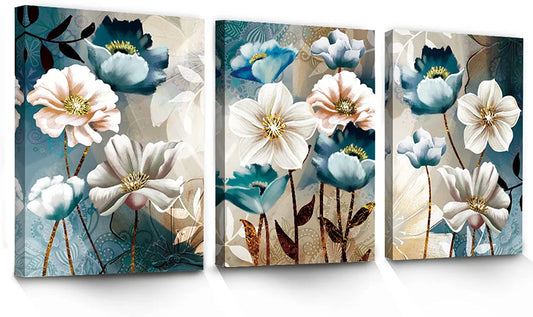 Lotus Flower Canvas Wall Decor Living Room White and Indigo Blue Floral Picture Wall Art for Dining Room Bedroom Bathroom Kitchen Prints Paintings for Home Decorations
