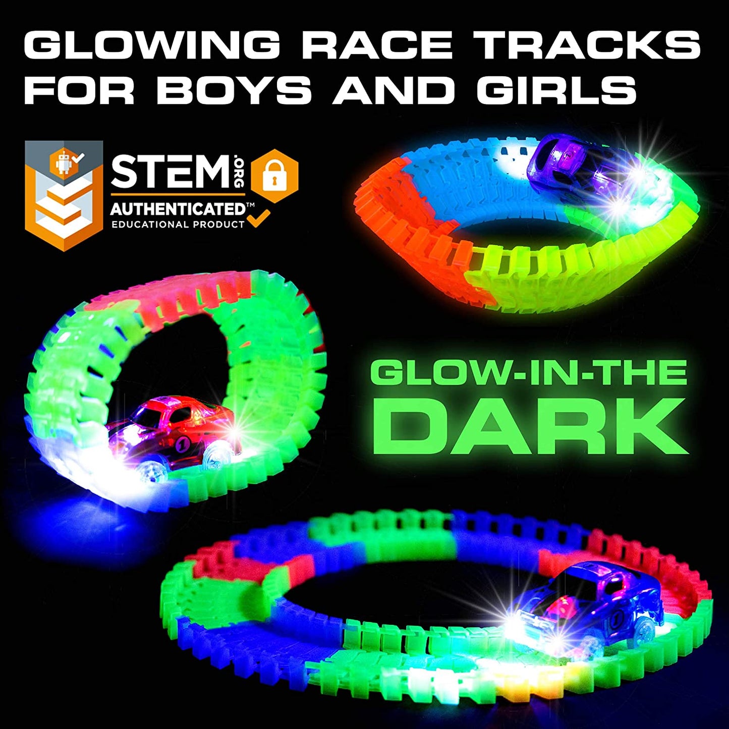 Glow Race Tracks and LED Toy Cars - 360Pk Glow in the Dark Bendable Rainbow Race Track Set STEM Building Toys for Boys and Girls with 2 Light up Toy Cars