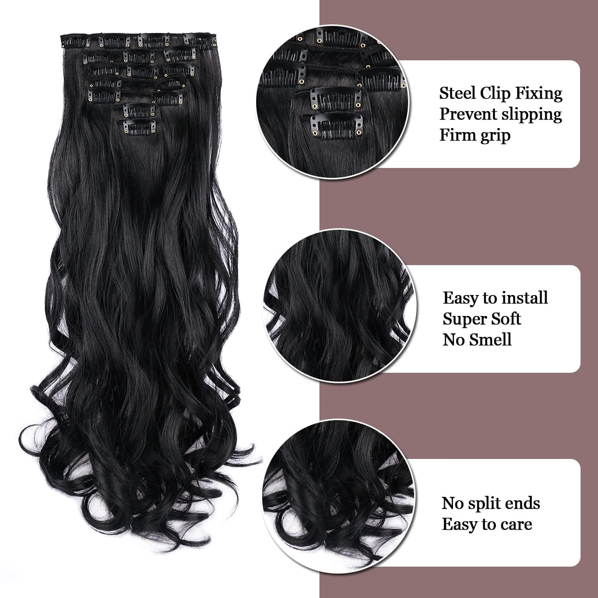 Clip in Hair Extensions 22 Inche Hairpieces 7 Pieces/Set Clip on Hair Extension Heat Resistant Synthetic Fiber for Women Daily Use Hair Make Clip Hair Extensions（Natural Black）