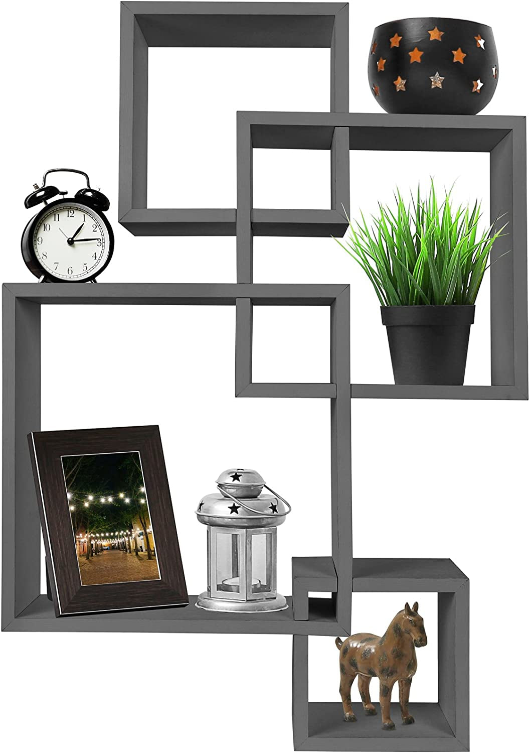 Gray Floating Cube Shelves - Intersecting Wall Mounted Shelves - Wall Decor Square Shelves for Bedrooms, Living Rooms & More - Set of 4 Box Shelves