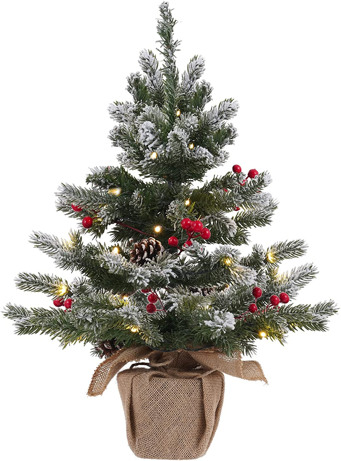 24 Inch 2 FT Pre-Lit Snowy Mini Christmas Tree, DESPAS Flocked Small Tabletop Christmas Tree with 20 LED Lights Red Berries Pine Cones and Cloth Bag Base Xmas Decorations for Holiday Party Home