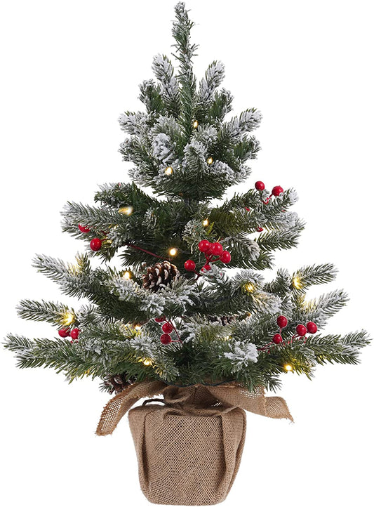 24 Inch 2 FT Pre-Lit Snowy Mini Christmas Tree, DESPAS Flocked Small Tabletop Christmas Tree with 20 LED Lights Red Berries Pine Cones and Cloth Bag Base Xmas Decorations for Holiday Party Home