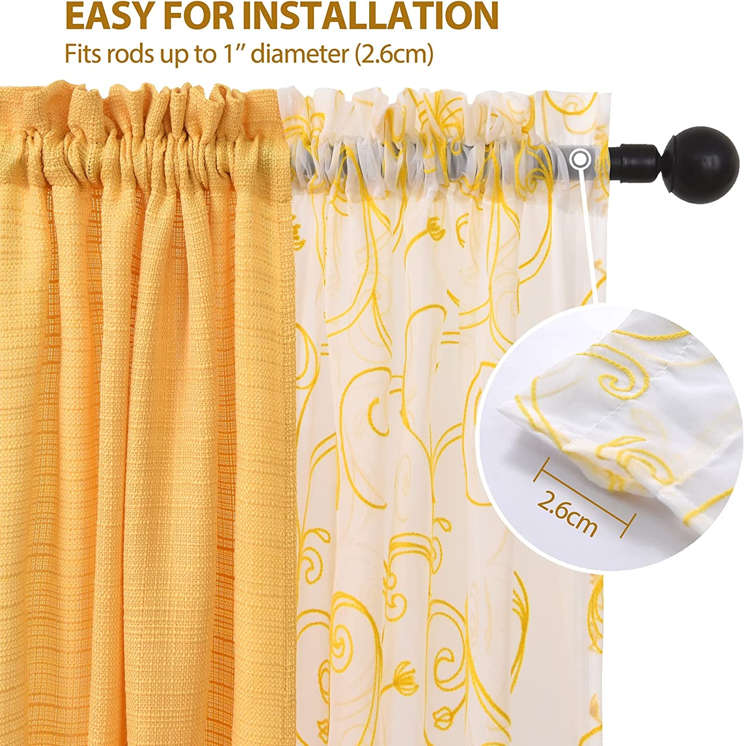 2 Embroidery Floral Semi Sheer Curtains and 2 Burlap Privacy Curtains for Windows 4 Panel Curtains Set Yellow Curtains for Living Room Curtains 84 Inches Long (Cornsilk, W27.5Xl84 Inch Each)