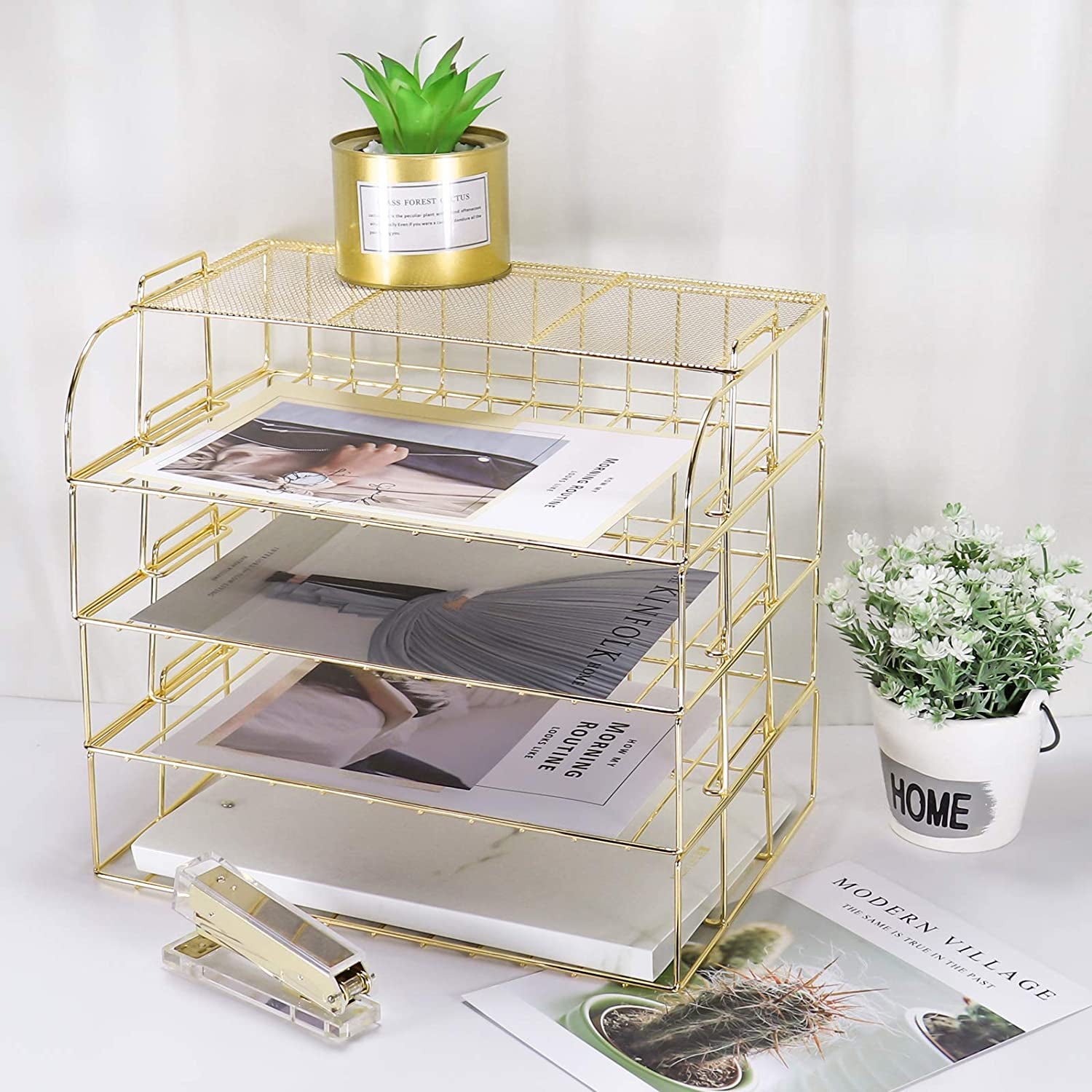 4-Tier Stackable Letter Tray, Gold Desk Organizer, Metal File Organizer Tray, Paper Holder Rack, Desk Accessories for School Home Office Supplies