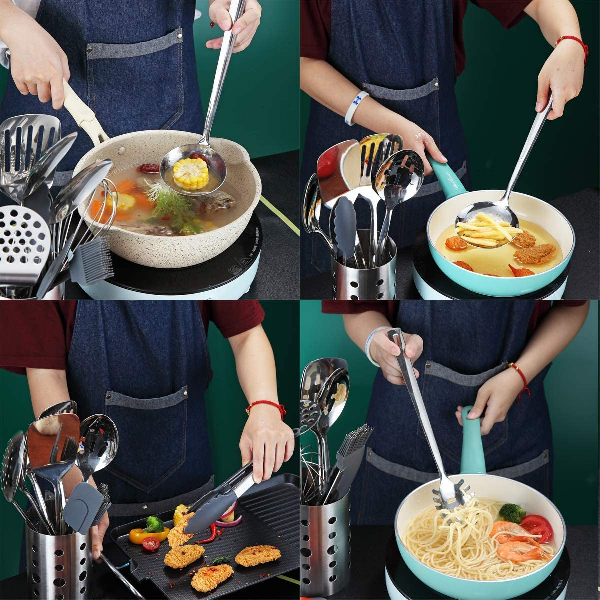 Stainless Steel Cooking Utensils Set, 13 Pieces Kitchen Utensils Set, Kitchen Tools Set with Utensil Holder Non-Stick and Heat Resistant,Dishwasher Safe, Easy to Clean (13 Packs)