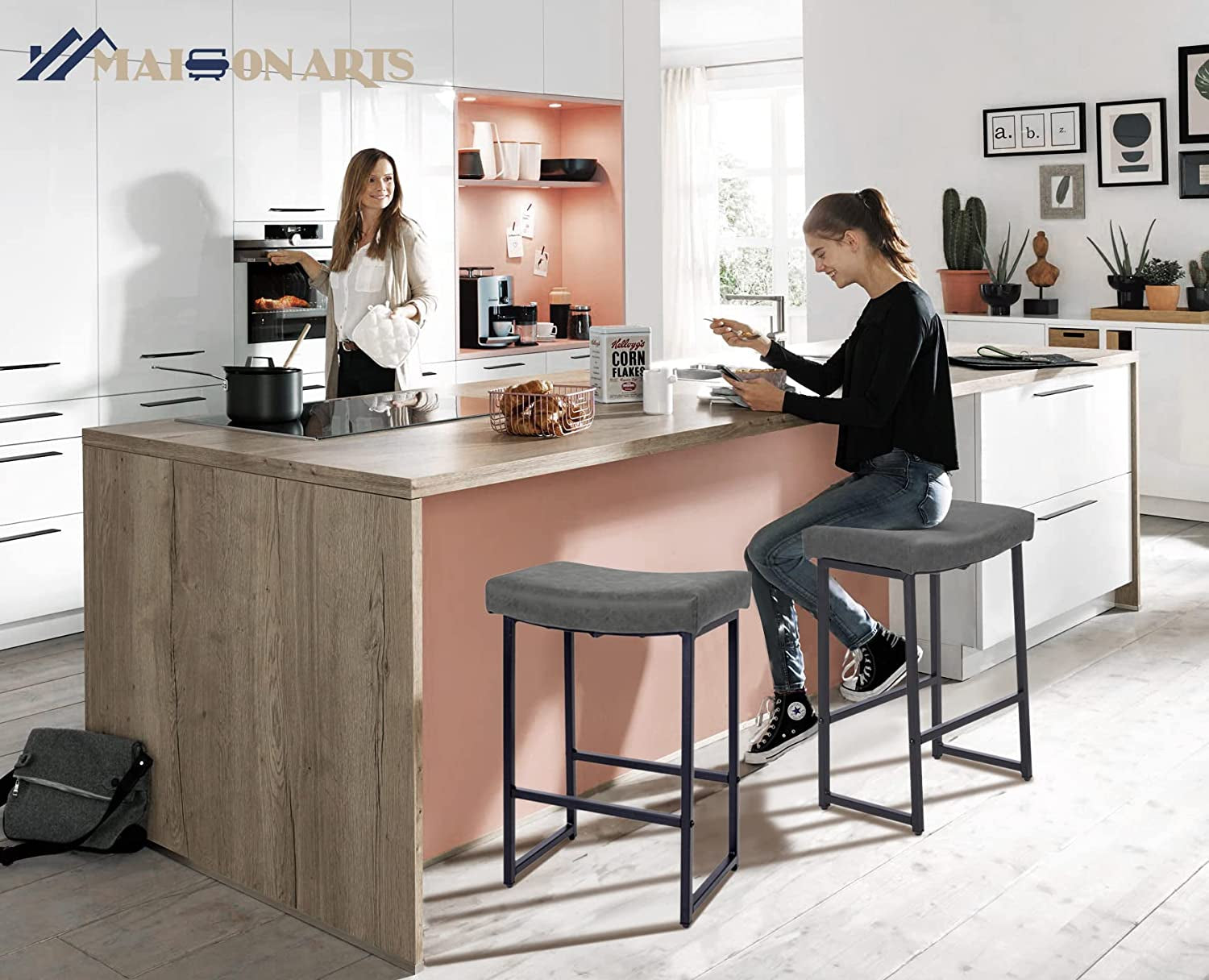 Grey Bar Stools Set of 2 Counter Height 24 Inches Saddle Stools for Kitchen Counter Backless Modern Barstools Upholstered Faux Leather Stools Farmhouse Island Chairs, Grey, 2Pcs