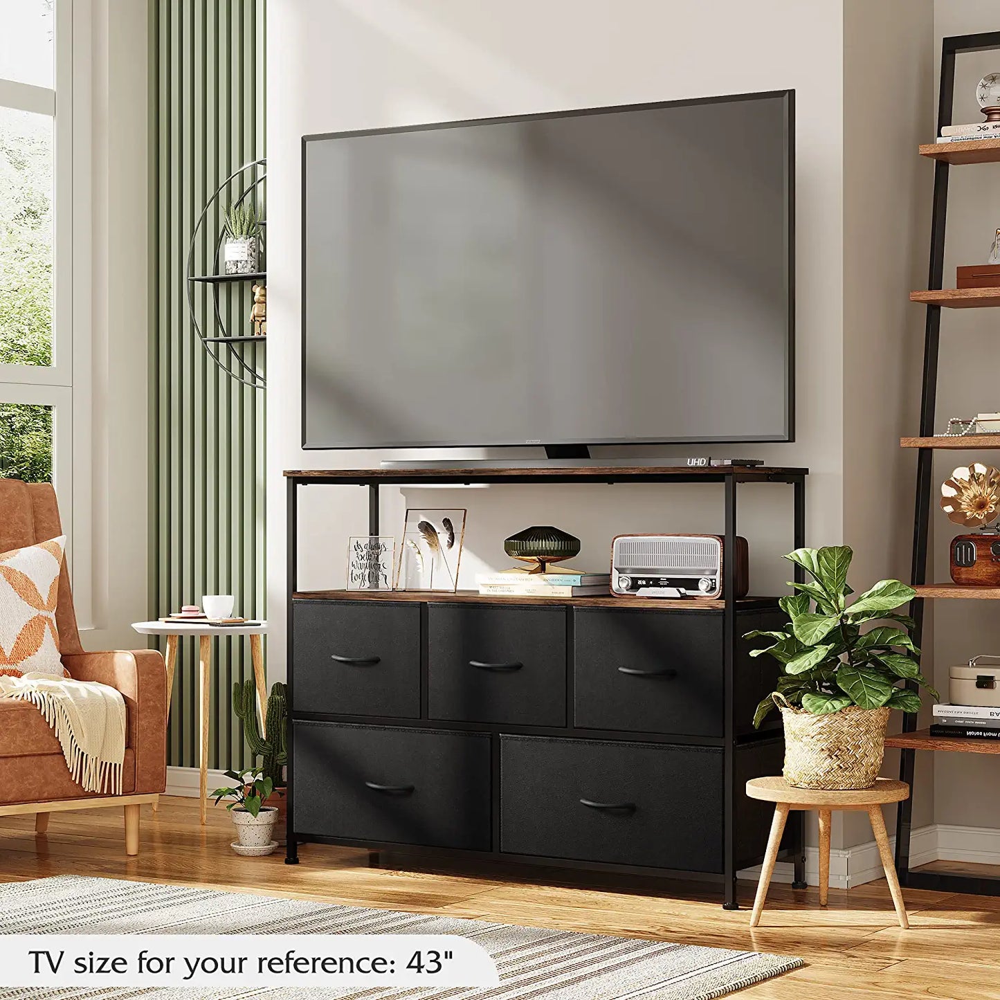 Dresser TV Stand, Entertainment Center with Fabric Drawers, Media Console Table with Open Shelves for TV up to 45 Inch, Storage Drawer Unit for Bedroom, Living Room, Black and Rustic Brown