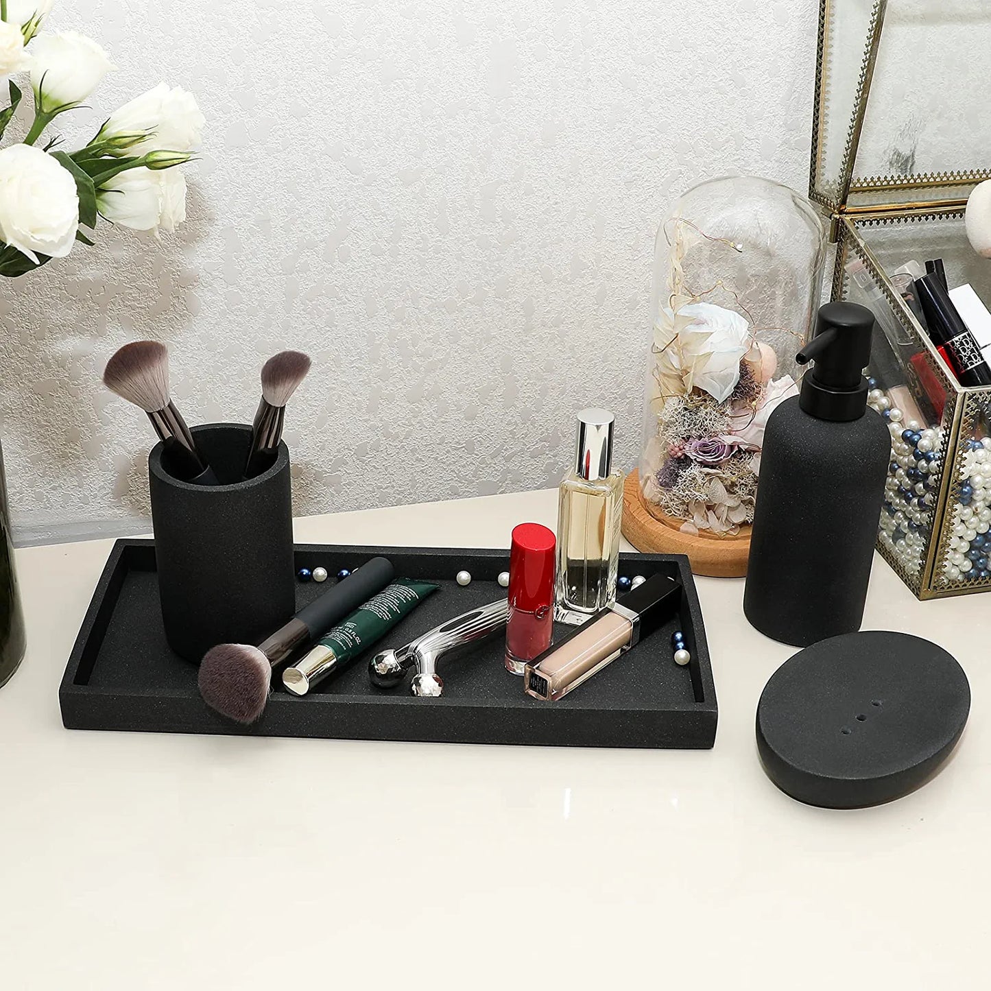 Bathroom Accessory Set-4 Pcs Complete Resin Bathroom Counter Vanity Accessories Sets Vanity Tray Lotion Dispenser/Soap Pump Toothbrush Holder Soap Dish-Matte Black Sandstone Modern Decor