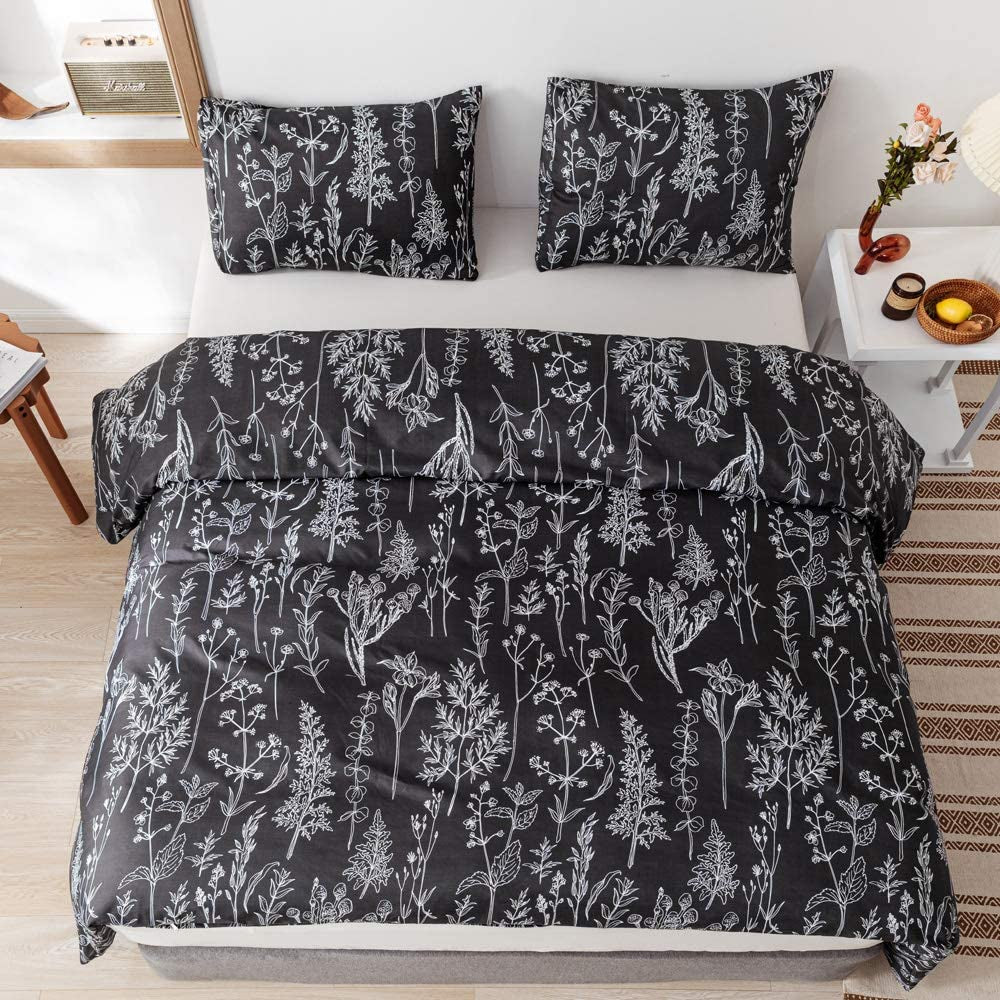 3 Pieces Queen Duvet Cover, Black Duvet Cover with White Plant Floral Duvet Cover Microfiber Soft Queen Bedding Set with Zipper Closure & 2 Pillow Cases