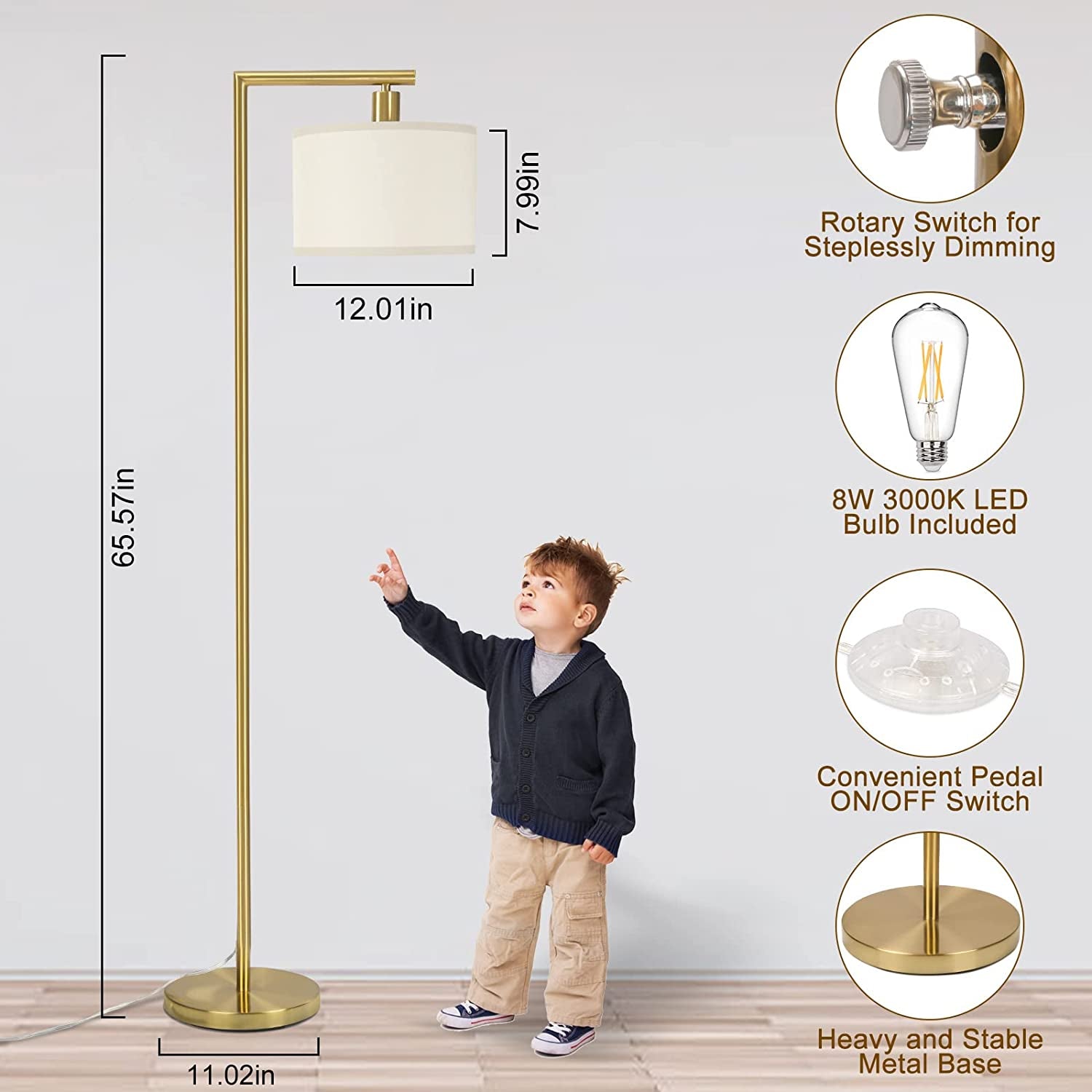 Gold Floor Lamp, Standing Lamp for Living Room Bedroom, Dimmable Floor Lamp, Tall Floor Lamp with Dimmer, Modern Arc Reading Light with Hanging Shade, Two Switches Design, Led Bulb Included