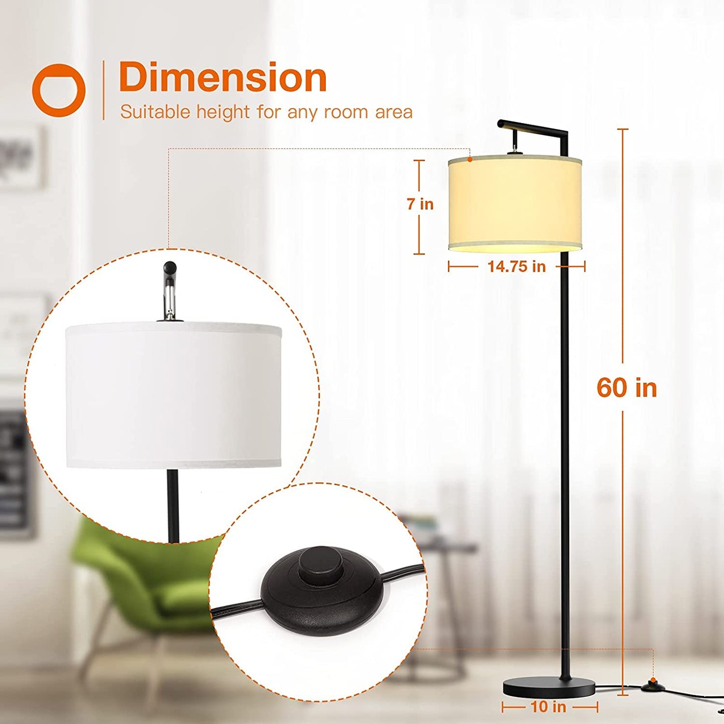 Montage Modern Floor Lamp for Living Room Lighting - Bedroom & Nursery Standing Accent Lamp, Mid Century, 5' Tall Pole Light Overhangs Lamp, with LED Bulb - Black