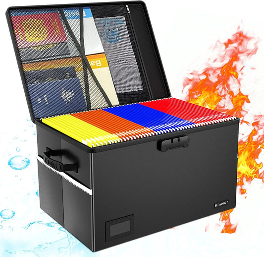 File Box with Lock,File Folder Organizer, Fireproof Document Organizer,Waterproof, Anti-Static, Multi-Layer/ Pockets, Fireproof Document Box for Letter & Legal Size Folder/Books Storage
