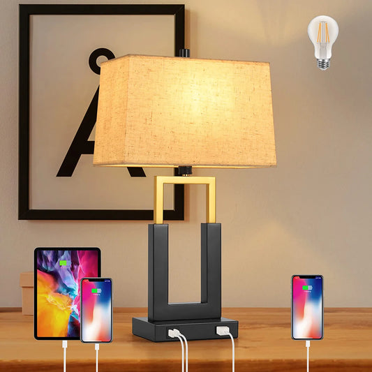 Touch Control Table Lamp with USB Charging Port, 3-Way Dimmable Desk Lamp Modern Nightstand Lamp with Fabric Lampshade for Reading Living Room Office(Dimmable Bulb Included)