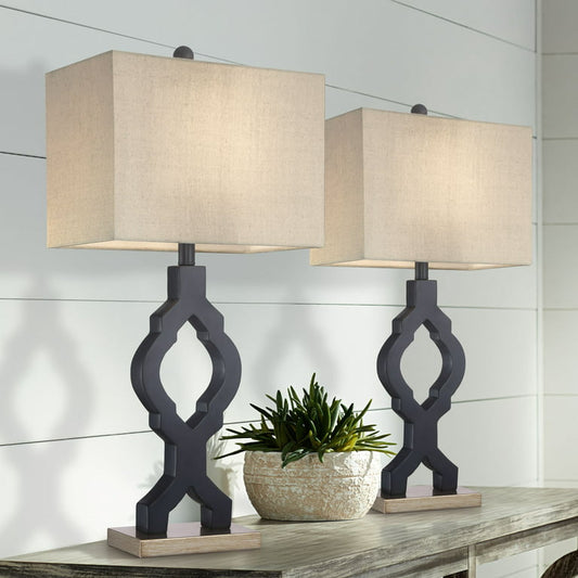 360 Lighting Modern Table Lamps 26.5" High Set of 2 Classic Moroccan Black Off White Rectangular Fabric Shade for Living Room Family Bedroom