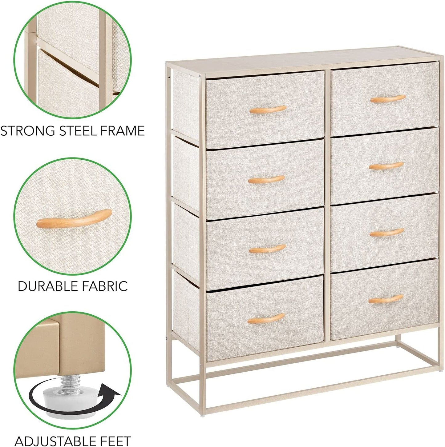 Wide Modern 8-Drawer Dresser Storage Unit, Sturdy Steel Frame, Wood Top, Easy-Pull Wood Handles/Fabric Bins, Organizer for Bedroom, Hallway, Entryway, Closet, Margo Collection, Cream/Gold