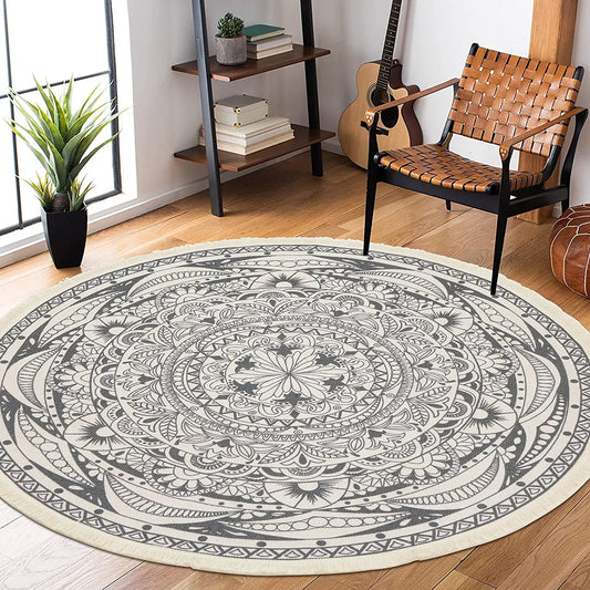 4 Ft round Area Rugs Washable Chic Bohemian Mandala Hand Woven Cotton round Rug with Tassels Indoor Throw Area Rug Circle Carpet for Living Room Kids Room