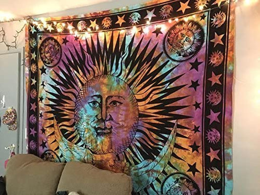 Sun Moon Hippie Tapestry Wall Hanging Aesthetic Indie Wall Tapestry, Hippie Bohemian Decorative Printed Trippy Tapestry for Bedroom Living Room Home Decor (Rainbow 55X82 Inch)