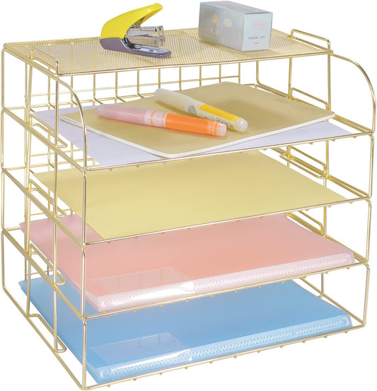 4-Tier Stackable Letter Tray, Gold Desk Organizer, Metal File Organizer Tray, Paper Holder Rack, Desk Accessories for School Home Office Supplies