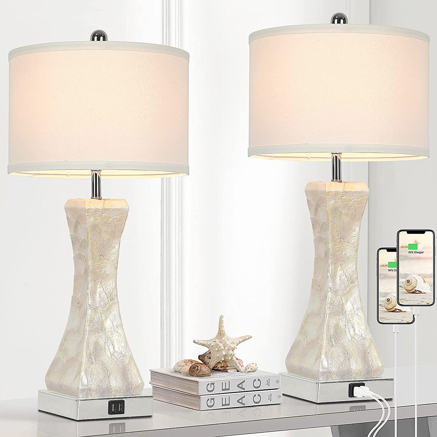 Set of 2 Touch Control Table Lamps with 2 USB Ports, Tall Bedside Nightstand Lamp for Bedrooms Living Room Reading Table, 3-Way Dimmable Coastal End Table Lamps, 2700K Warm White LED Bulb Included