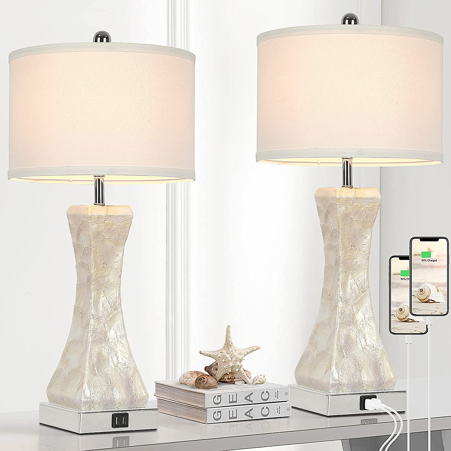 Set of 2 Touch Control Table Lamps with 2 USB Ports, Tall Bedside Nightstand Lamp for Bedrooms Living Room Reading Table, 3-Way Dimmable Coastal End Table Lamps, 2700K Warm White LED Bulb Included