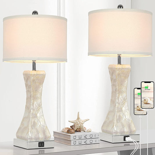 Set of 2 Touch Control Table Lamps with 2 USB Ports, Tall Bedside Nightstand Lamp for Bedrooms Living Room Reading Table, 3-Way Dimmable Coastal End Table Lamps, 2700K Warm White LED Bulb Included
